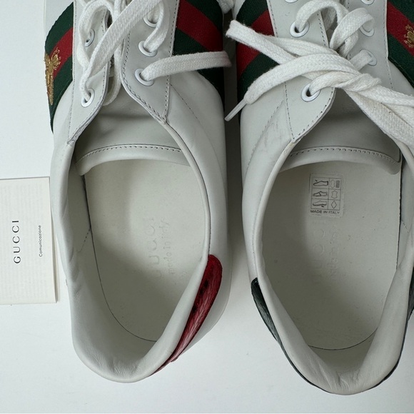 GUCCI Ace Embroidered Gold Bee White Sneakers with Red and Green Stripe - Picture 6 of 12